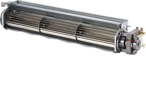 Lüftermotor von Stiebel Eltron in kompakter Bauform, mit Metallkomponenten und mehreren Lamellen. Entwurf für Heizungsanwendungen erkennbar.