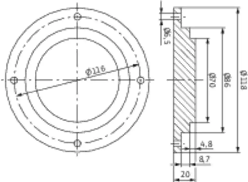 Wilo Blindflansch, kreisförmige Gestaltung mit mehreren Bohrlöchern, seitlicher Schnitt zeigt die Dicke und innere Dimensionen, geeignet für mechanisches Zubehör.