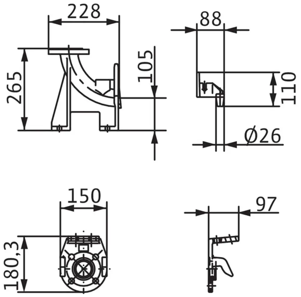Technische Zeichnung eines mechanischen Zubehörs der Marke Wilo mit verschiedenen Ansichten und Maßangaben. Das Produkt zeigt eine Einhängevorrichtung.