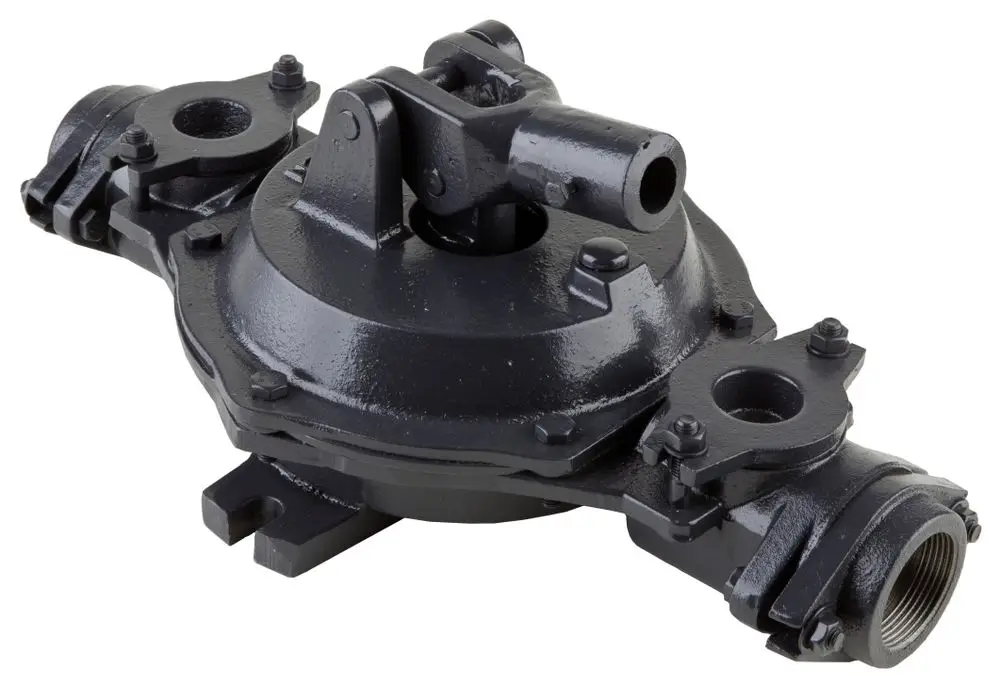 Zubehörteil für die Montage einer Handmembranpumpe, ausgeführt in schwarzem Metall. Erkennbar sind mehrere Anschlussnippel und Befestigungselemente. Wilo-Produkt für technische Anwendungen.
