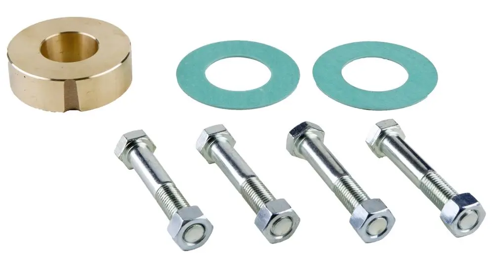 Flansch-Zwischenstutzen mit einem goldfarbenen Element und mehreren silbernen Schrauben, Muttern und Dichtungen, hergestellt von Wilo.