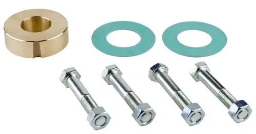 Flansch-Zwischenstutzen mit einem goldfarbenen Element und mehreren silbernen Schrauben, Muttern und Dichtungen, hergestellt von Wilo.
