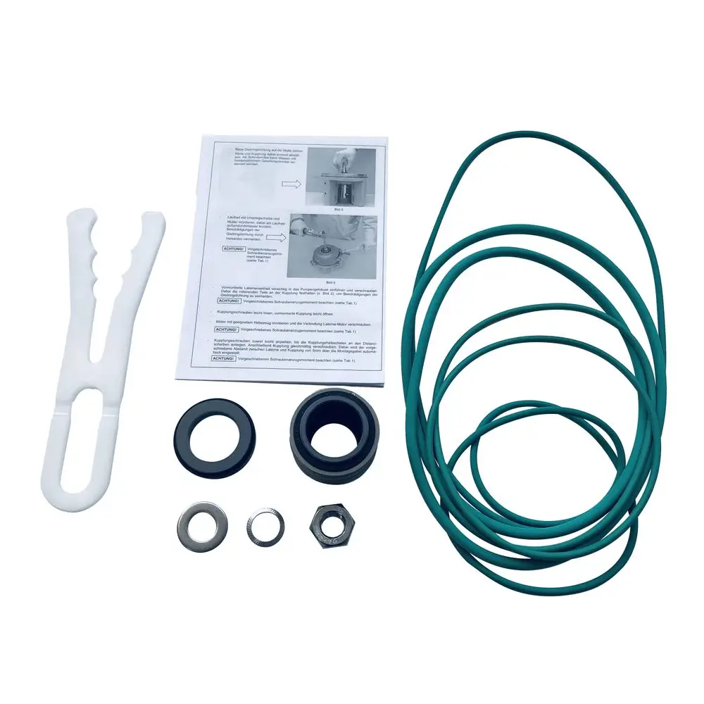 Set mit verschiedenen Dichtungen, Ringen und Montageschlüssel für mechanische Ersatzteile, geeignet für Wilo-Produkte. Enthält Anleitung mit Installationsschritten.