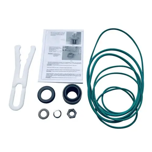 Set mit verschiedenen Dichtungen, Ringen und Montageschlüssel für mechanische Ersatzteile, geeignet für Wilo-Produkte. Enthält Anleitung mit Installationsschritten.