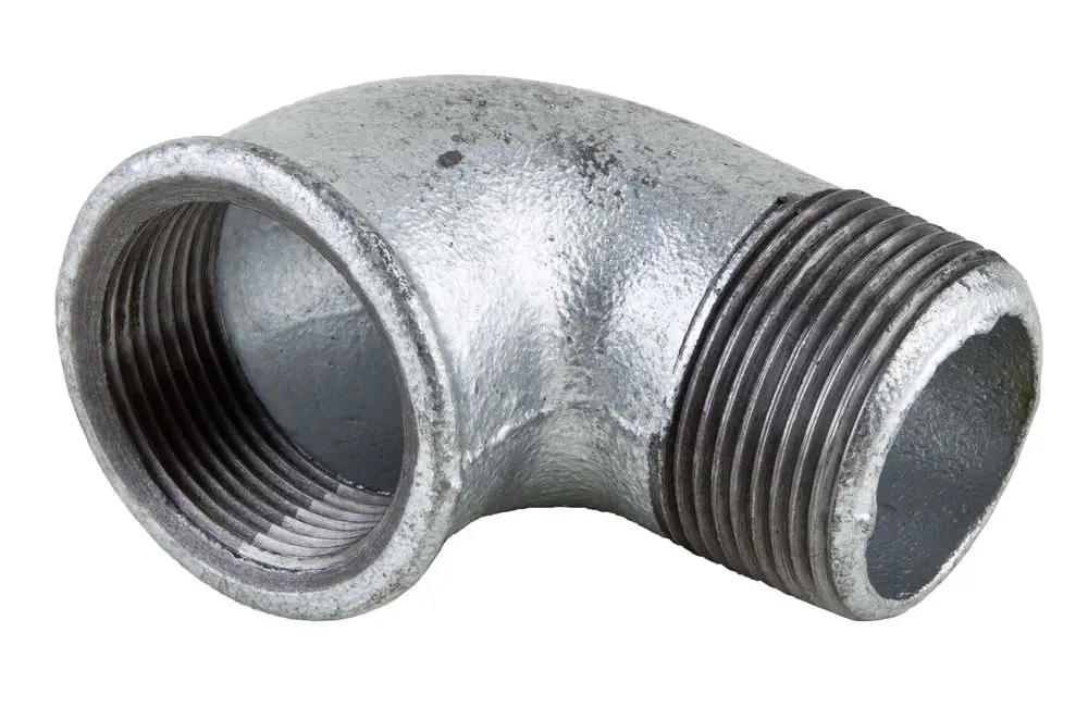 Rohrbogen mit einem metallischen Finish, gebogen in einem 90-Grad-Winkel, mit Innen- und Außengewinde. Produkt von Wilo, geeignet für Rohrleitungsinstallationen.