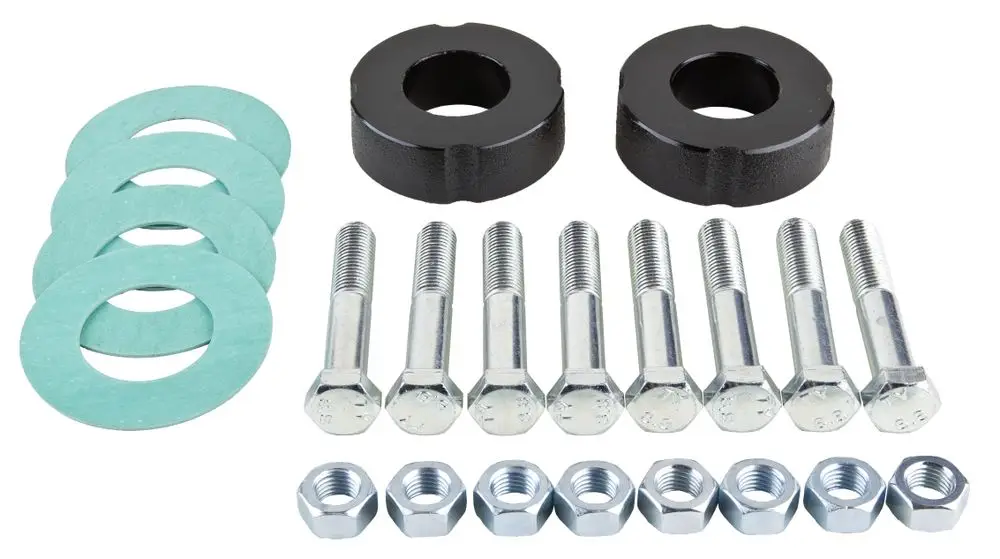 Montageset mit zwei schwarzen Adaptern, mehreren Schrauben, Unterlegscheiben und Muttern, erhältlich als Wilo-Zubehör. Ideal für verschiedene mechanische Anwendungen.