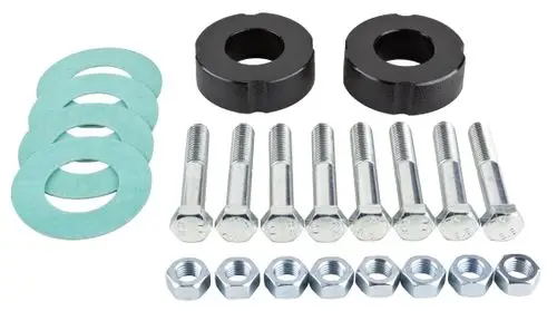 Montageset mit zwei schwarzen Adaptern, mehreren Schrauben, Unterlegscheiben und Muttern, erhältlich als Wilo-Zubehör. Ideal für verschiedene mechanische Anwendungen.