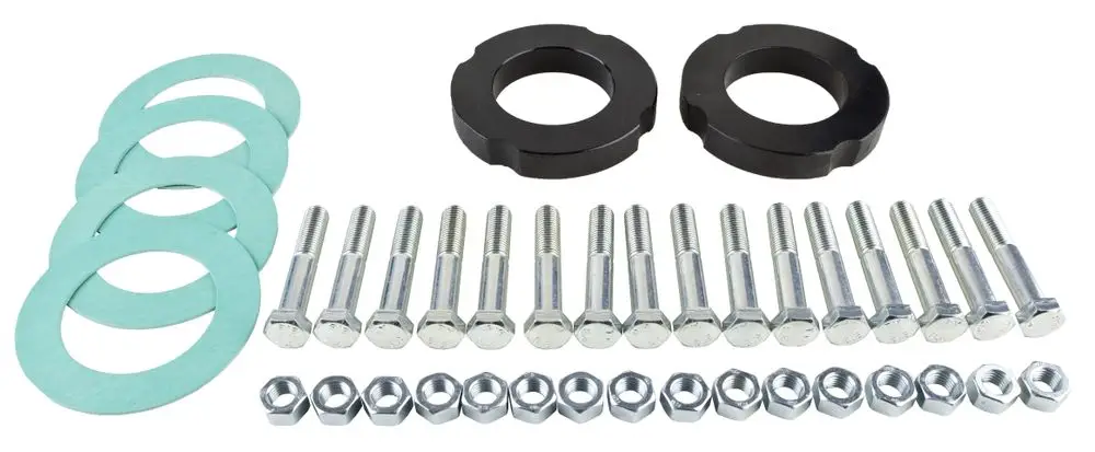 Set bestehend aus einem Paar schwarzer Adapterringen, mehreren Dichtungen, Bolzen und Schrauben, passend für Wilo Produkte zur Montage.