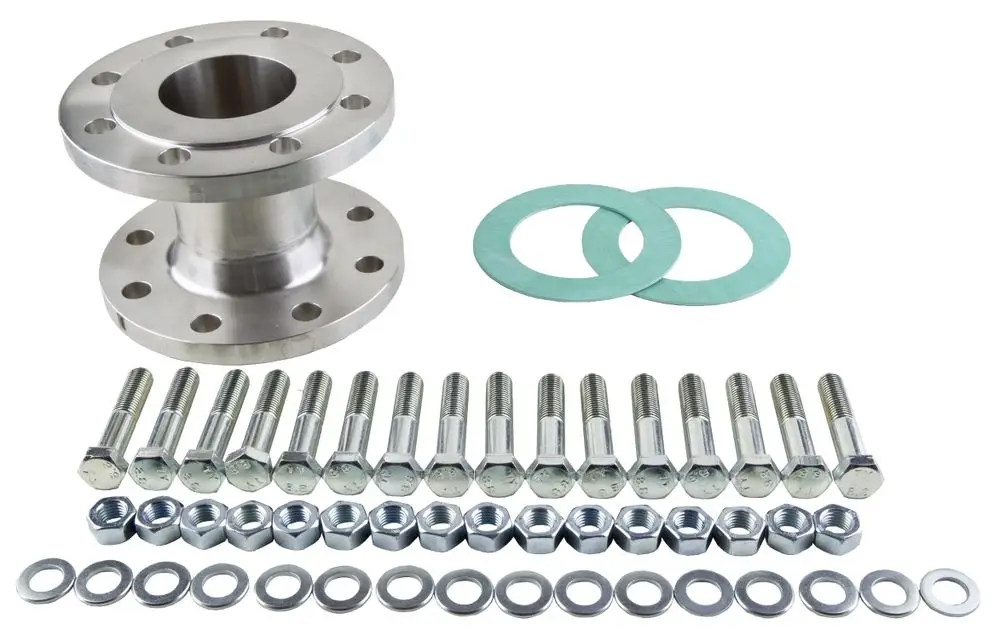 Flansch-Zwischenstutzen aus Metall mit Bolzen, Unterlegscheiben, Muttern und Dichtungen, ideal für Wilo-Anwendungen in Rohrleitungen.