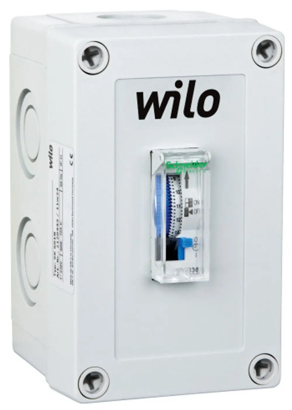 Weißes elektrisches Steuergerät von Wilo mit einem Schaltmechanismus zur Pumpensteuerung. Sichtbares Anzeigeelement zur Einstellung auf der Frontseite.