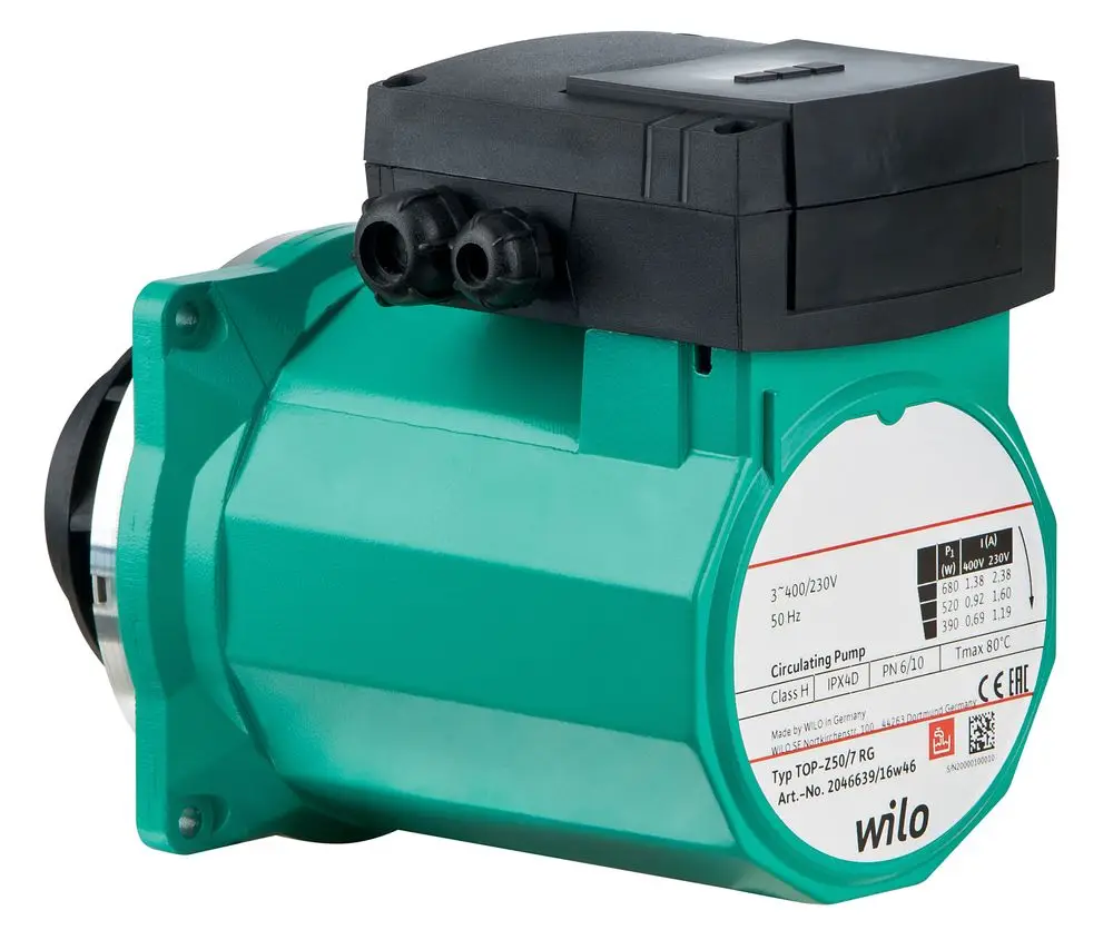 Wilo-Pumpe in grün mit schwarzem Motor und technischen Anschlussmöglichkeiten. Auf der Seite sind Spezifikationen und Typenbezeichnung abgebildet.