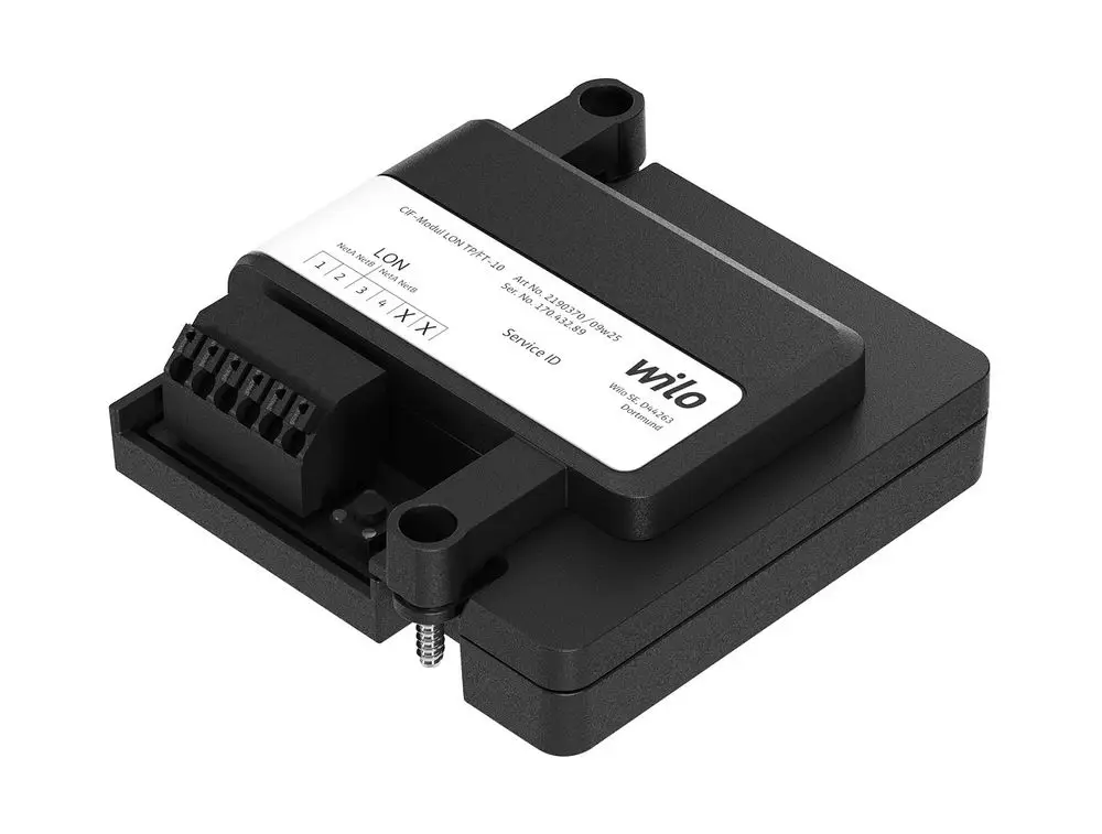 Schnittstellenmodul in schwarzem Gehäuse mit Anschlussklemmen, beschriftet mit Wilo, für die Kommunikation über Modbus RTU.