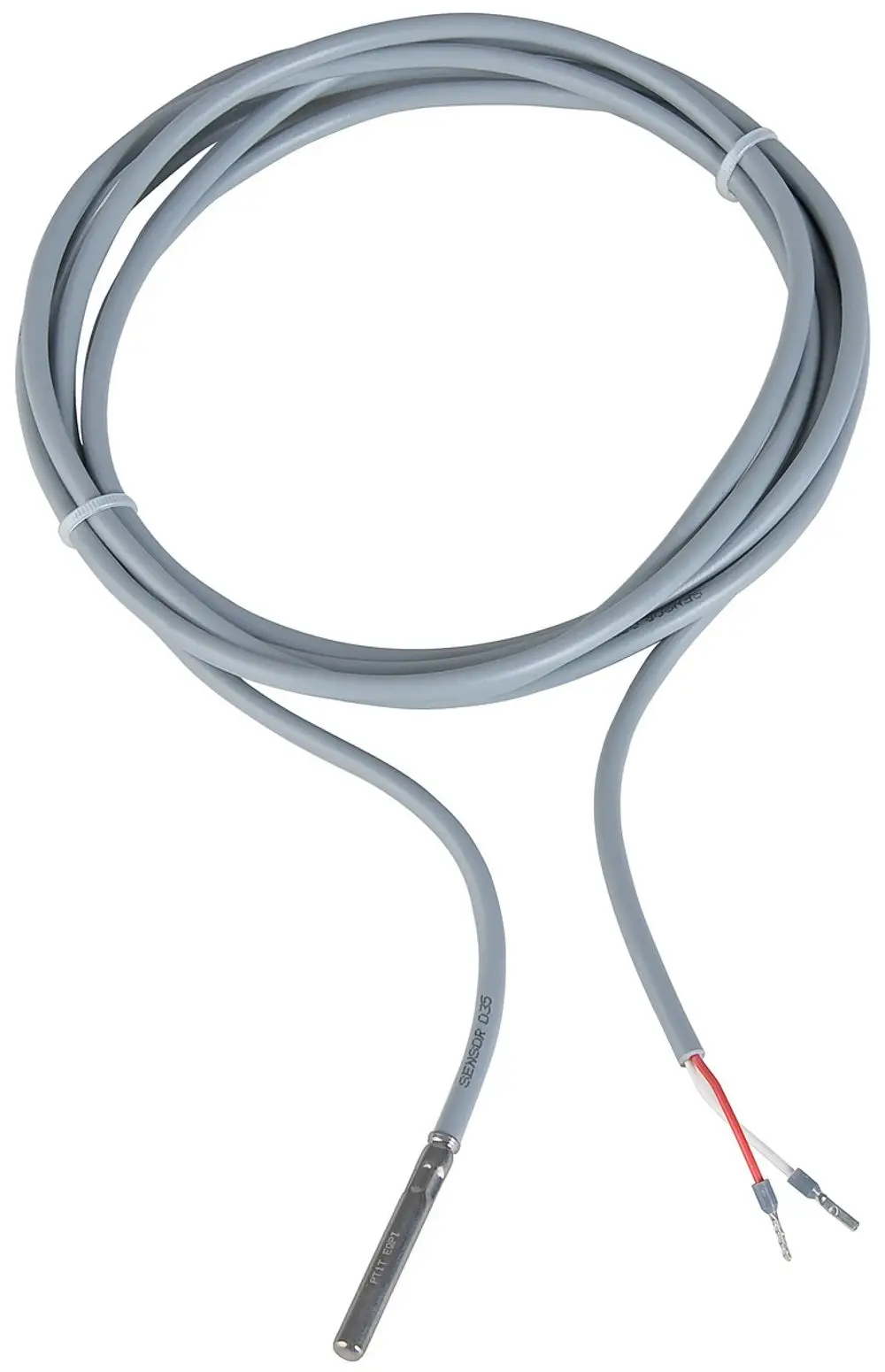 Tauchtemperaturfühler mit grauem Kabel, einem metallischen Messfühler und zwei Anschlussdrähten, geeignet für Pumpensteuerungen. Produkt von Wilo.