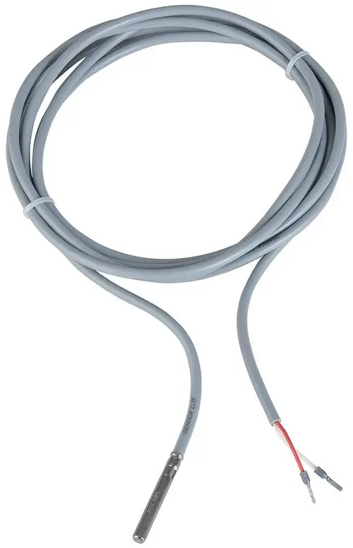 Tauchtemperaturfühler mit grauem Kabel, einem metallischen Messfühler und zwei Anschlussdrähten, geeignet für Pumpensteuerungen. Produkt von Wilo.