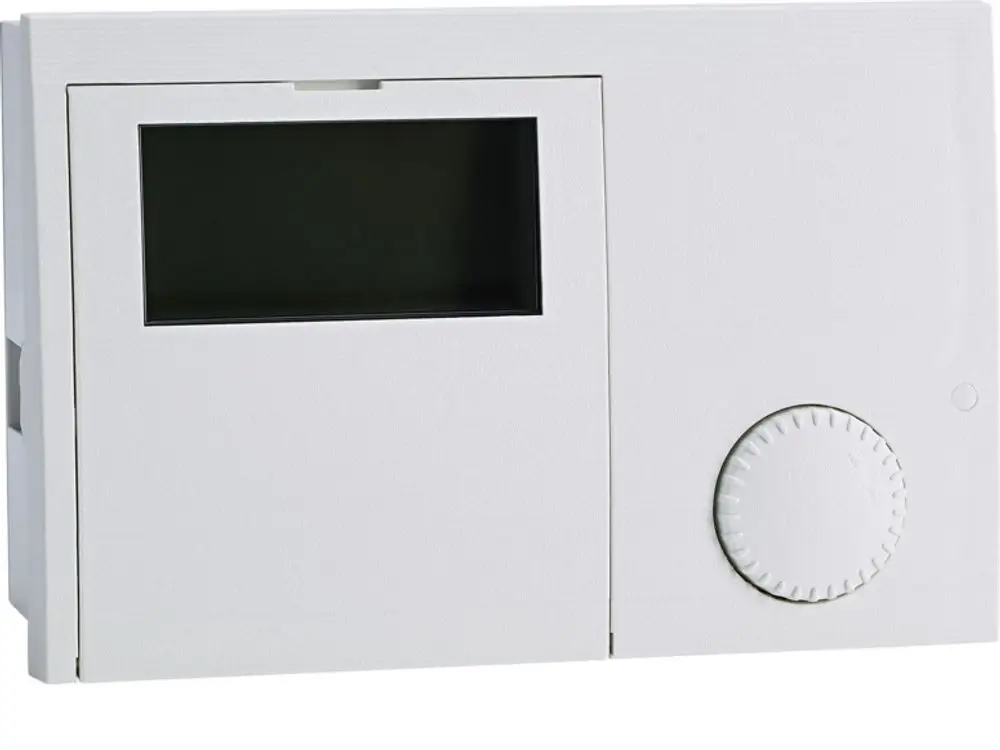 Weißes Bedienfeld mit einem Sichtfenster und einem Reglerrad, geeignet als Ersatzteil für Systeme von Stiebel Eltron, insbesondere Wärmepumpenmanager.