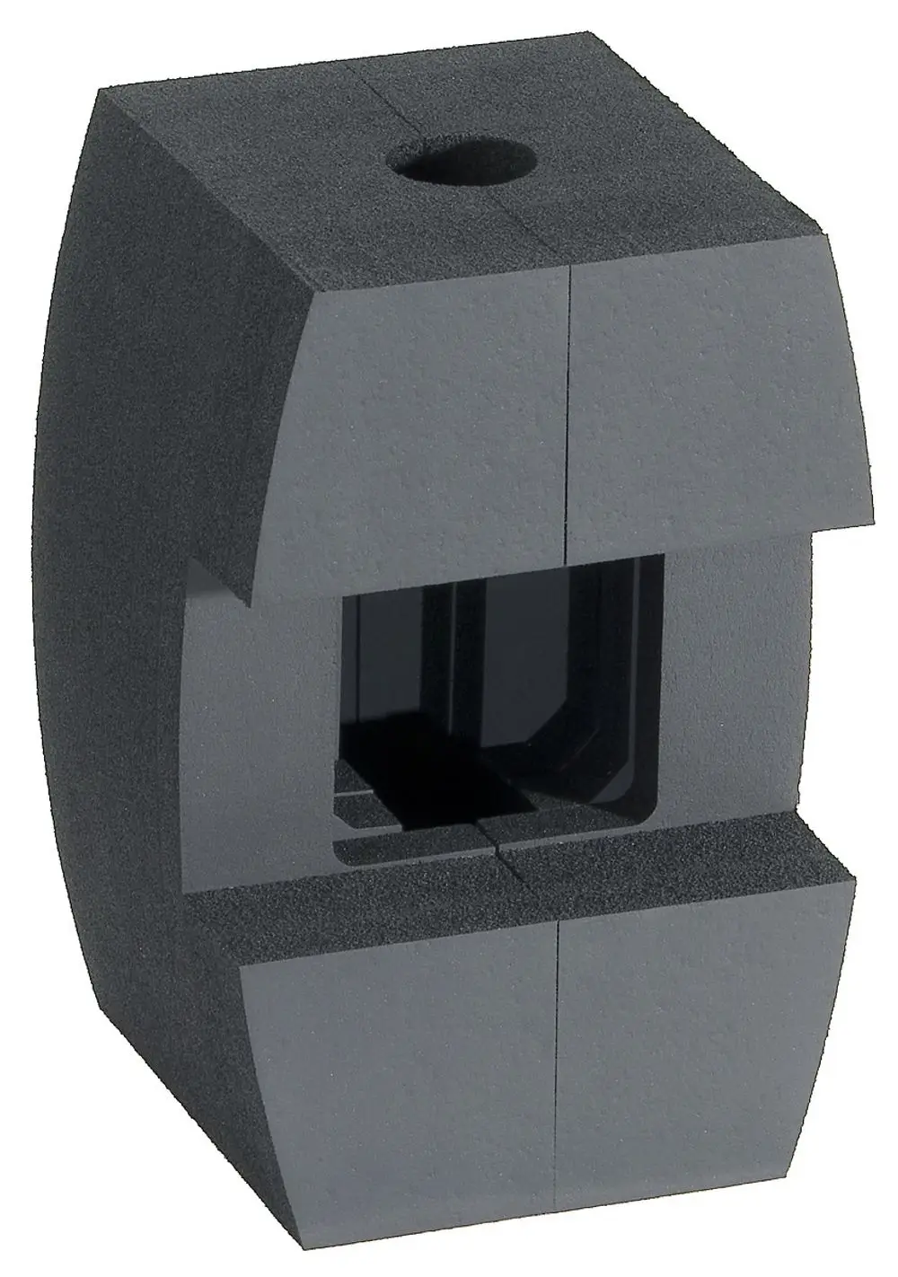 Dunkelgraues, blockartiges Produkt mit vertikalen und horizontalen Öffnungen, gefertigt aus Schaumstoff. Hersteller ist Wilo.