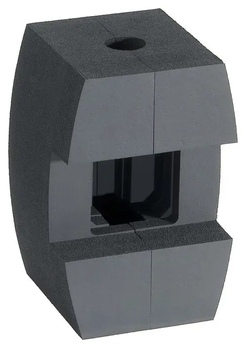 Dunkelgraues, blockartiges Produkt mit vertikalen und horizontalen Öffnungen, gefertigt aus Schaumstoff. Hersteller ist Wilo.