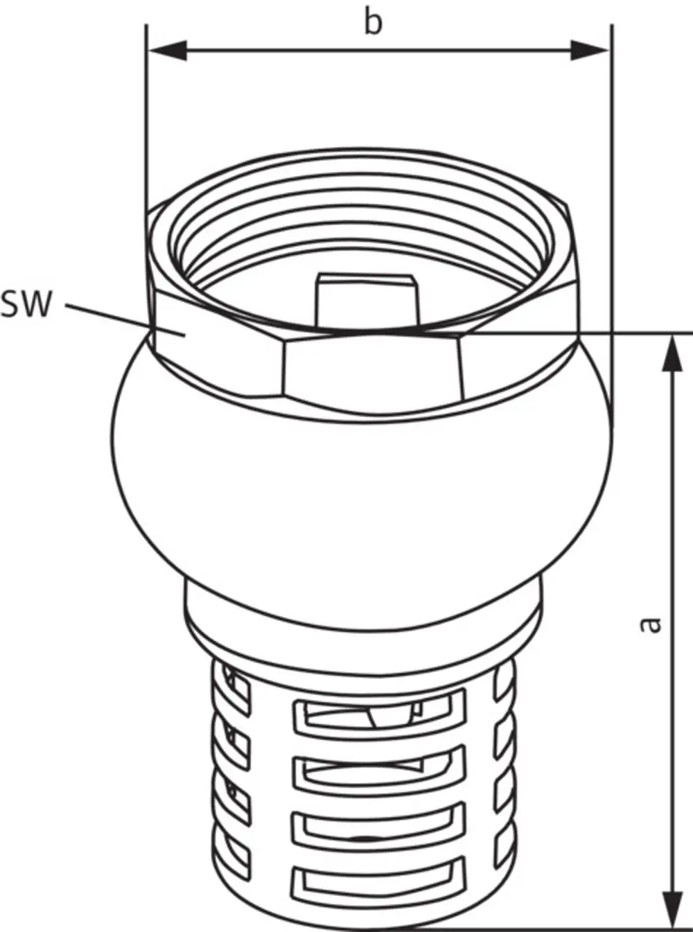 Wilo Fußventil mit gewölbtem Gehäuse und Rillenstruktur. Anschlussgewinde oben, seitliche Öffnungen zur Wasserableitung. Künstlerische Darstellung zur technischen Identifikation.