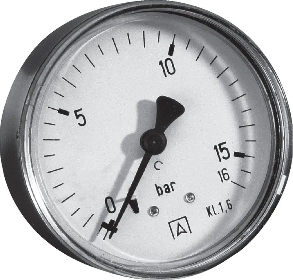 Mechanisches Manometer mit Skala von 0 bis 15 bar, Wilo-Logo sichtbar, befindet sich in einem runden Gehäuse mit einer weißen Ziffernblatt und schwarzen Markierungen.