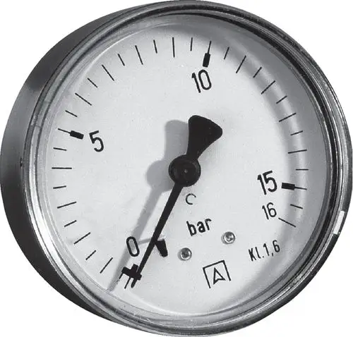 Mechanisches Manometer mit Skala von 0 bis 15 bar, Wilo-Logo sichtbar, befindet sich in einem runden Gehäuse mit einer weißen Ziffernblatt und schwarzen Markierungen.