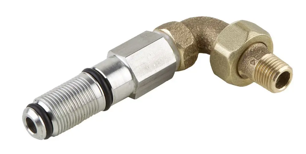 Regelbare Winkelverschraubung aus Metall mit Gewinde, verbunden mit einer zylindrischen Bauform. Für Wasserleitungen, geeignet für Wilo-Systeme.