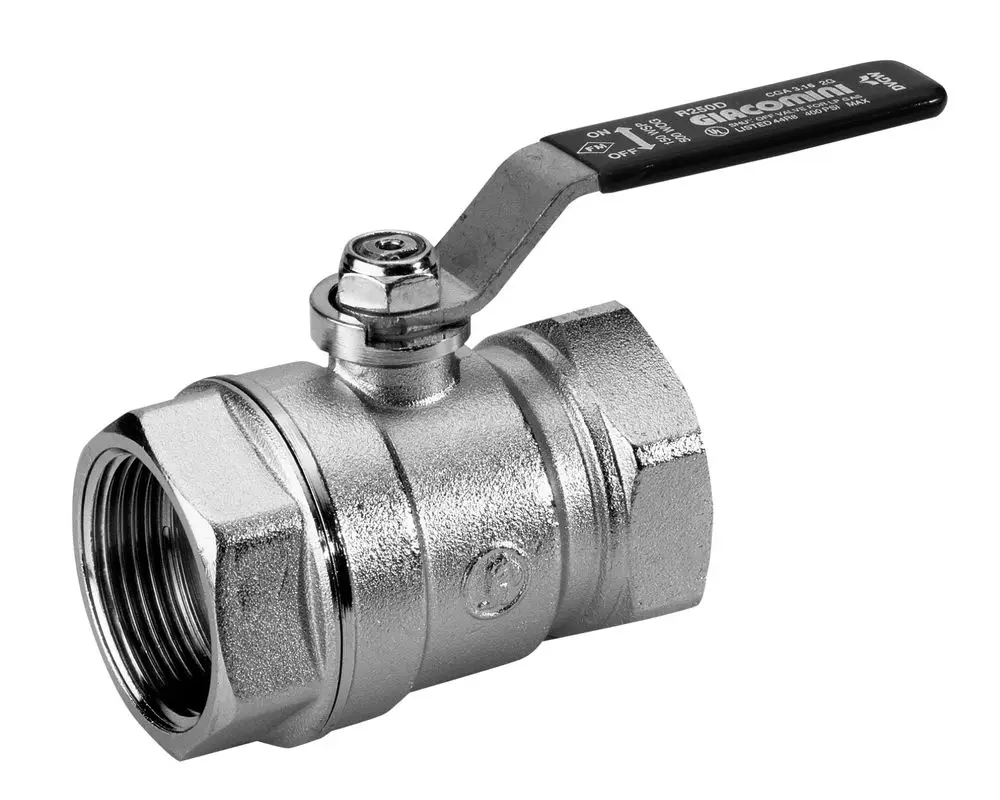 Kugelhahn aus verchromtem Metall mit einem Hebel zur Regelung des Durchflusses, produziert von Wilo. Ansichten der Anschlussgewinde sind erkennbar.