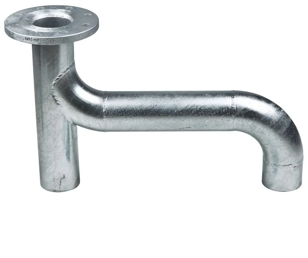 Verzinktes Metall-Vereinigungsstück mit flanschartiger Befestigung, gefertigt von Wilo; in gebogener Form und mit geradem Rohrteil für mechanische Verbindungen.