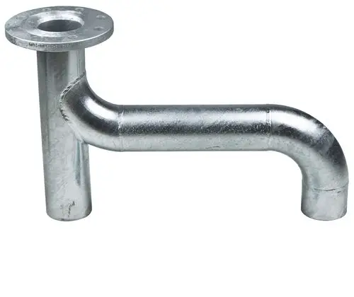 Verzinktes Metall-Vereinigungsstück mit flanschartiger Befestigung, gefertigt von Wilo; in gebogener Form und mit geradem Rohrteil für mechanische Verbindungen.