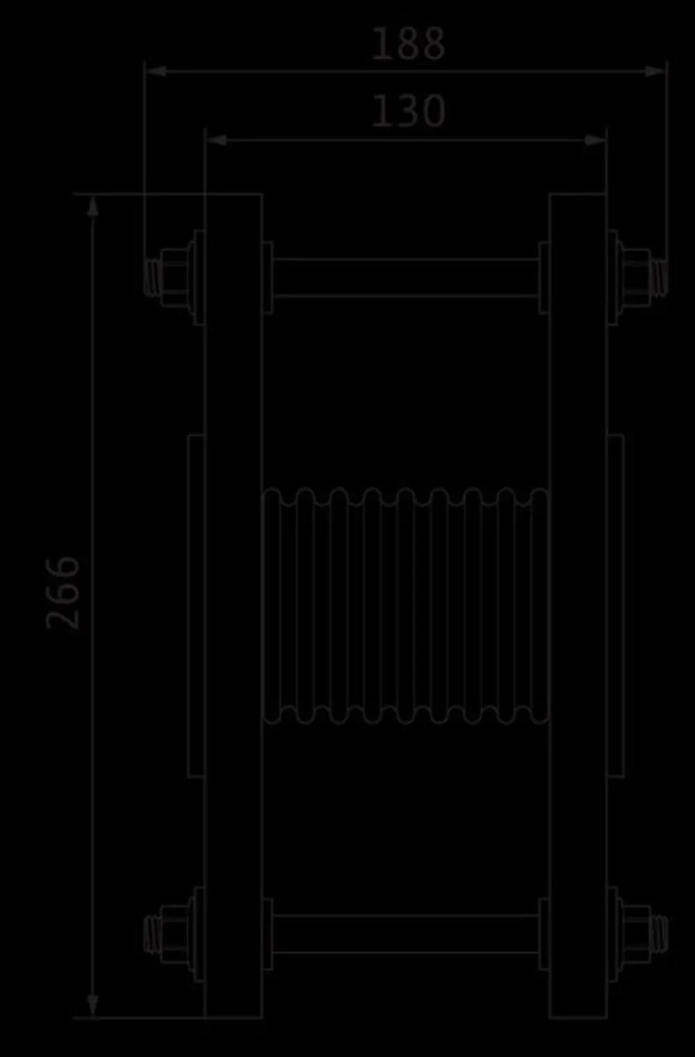 Mechanischer Edelstahlkompensator mit Rohrmontage, geeignet für DN 65, PN 16, dargestellt mit klaren Maßen. Wilo-Produkt für industrielle Anwendungen.