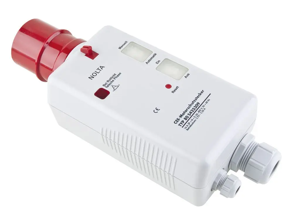 Weißer Motorschutzstecker mit rotem Anschluss, zwei Anzeigen und Erlaubnis-/Reset-Tasten. Das Design deutet auf eine Verwendung im Zusammenhang mit Wilo-Produkten hin.