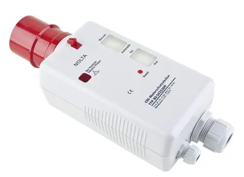 Weißer Motorschutzstecker mit rotem Anschluss, zwei Anzeigen und Erlaubnis-/Reset-Tasten. Das Design deutet auf eine Verwendung im Zusammenhang mit Wilo-Produkten hin.