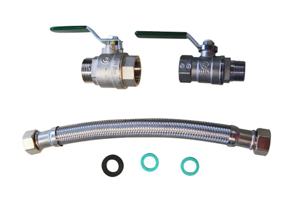Anschlussset bestehend aus zwei Metallventilen und einem flexiblen Metall-Schlauch. Enthält mehrere Dichtungsringe. Geeignet für Rohrmontagen von Wilo-Produkten.