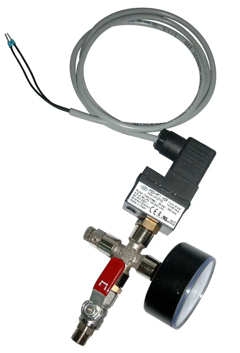 Bausatz mit einem Ventil, Druckmessgerät und elektrischen Anschlüssen. Geeignet für Wassermangelsicherungssysteme von Wilo.
