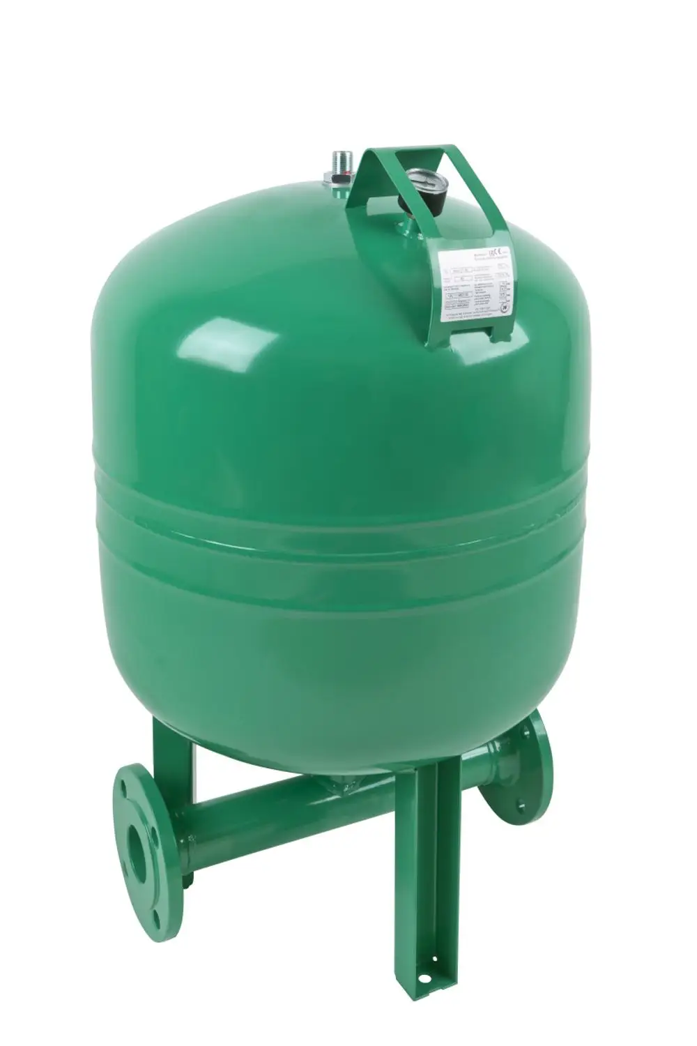 Grüner Membrandruckbehälter auf stabilen Füßen, mit Druckanschluss und Manometer, für den Einsatz in Wasser- und Heizsystemen von Wilo.