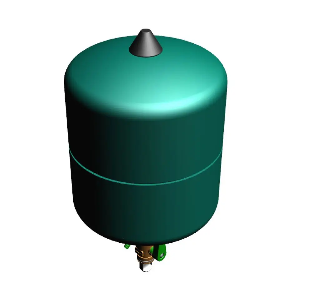 Mechanischer Membrandruckbehälter in Grün von Wilo, zylindrische Form mit einer speziellen Oberseite und angeschlossenem Ventil am Boden.
