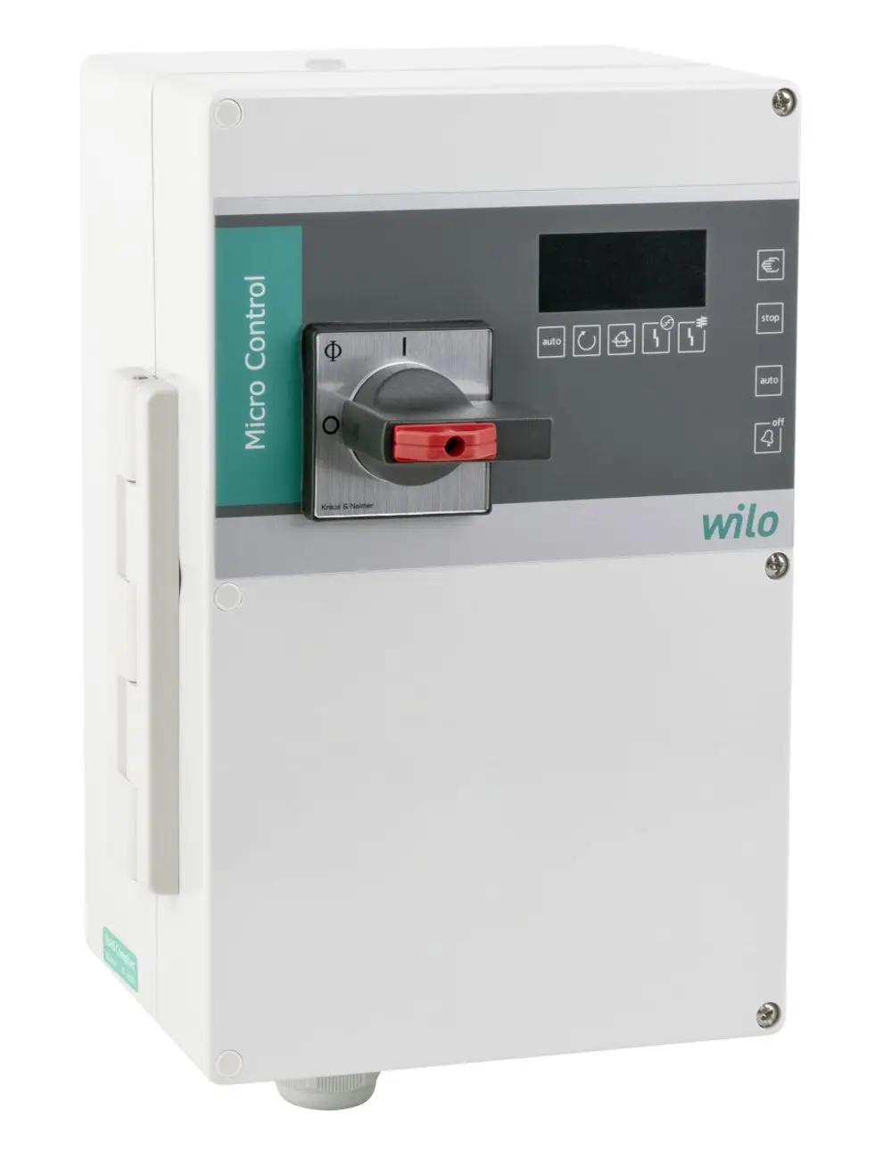 Weißes Wilo-Schaltgerät mit einer Frontplatte, einem Drehschalter in der Mitte und mehreren Symbolen sowie einem Display. Ideal zur Steuerung elektrischer Systeme.