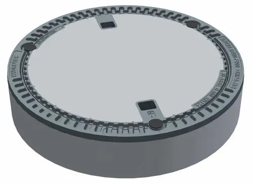 Graue, runde Schachtabdeckung mit glatter Oberfläche und markanten Rillen. Sie gehört zur Produktreihe von Wilo und ist für den Einsatz im Straßenbereich konzipiert.