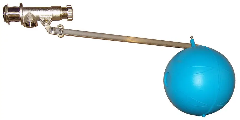 Schwimmerventil von Wilo mit einem blauen Kunststoffschwimmer und einem metallischen Anschluss. Das Ventil steuert den Wasserstand in einem Vorbehälter.