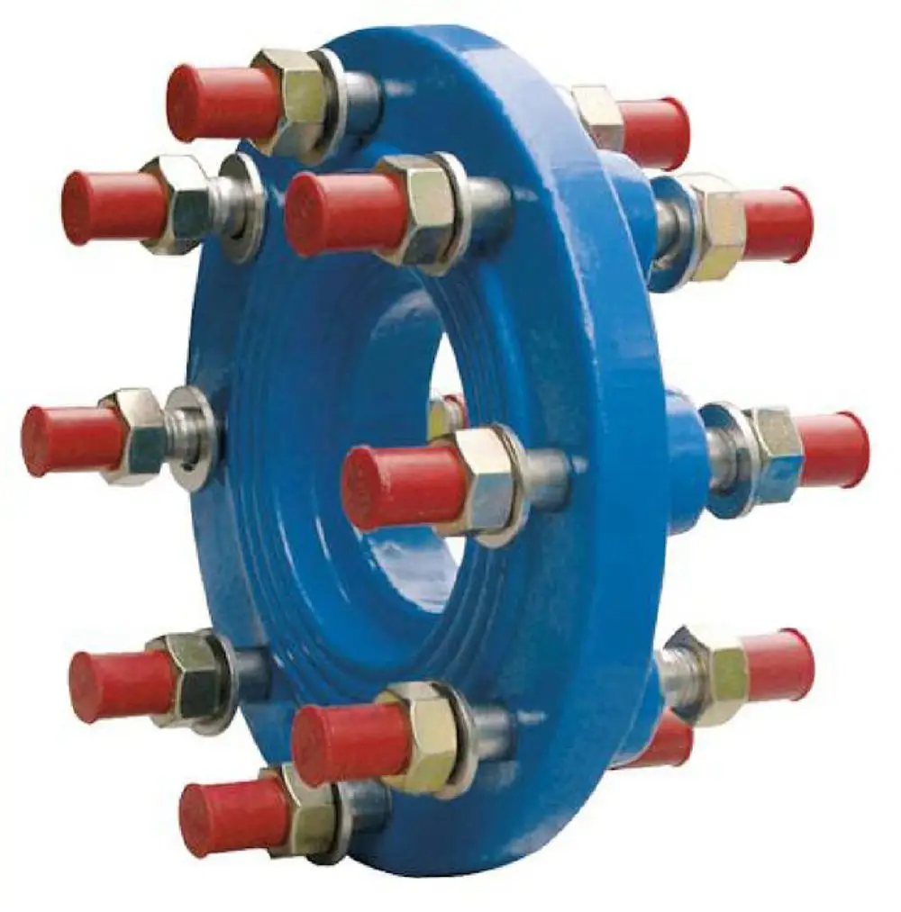 Flanschadapter in blauer Farbe mit mehreren Anschlussbuchsen und roten Abdeckungen. Funktionales Zubehör von Wilo für Rohrverbindungen.