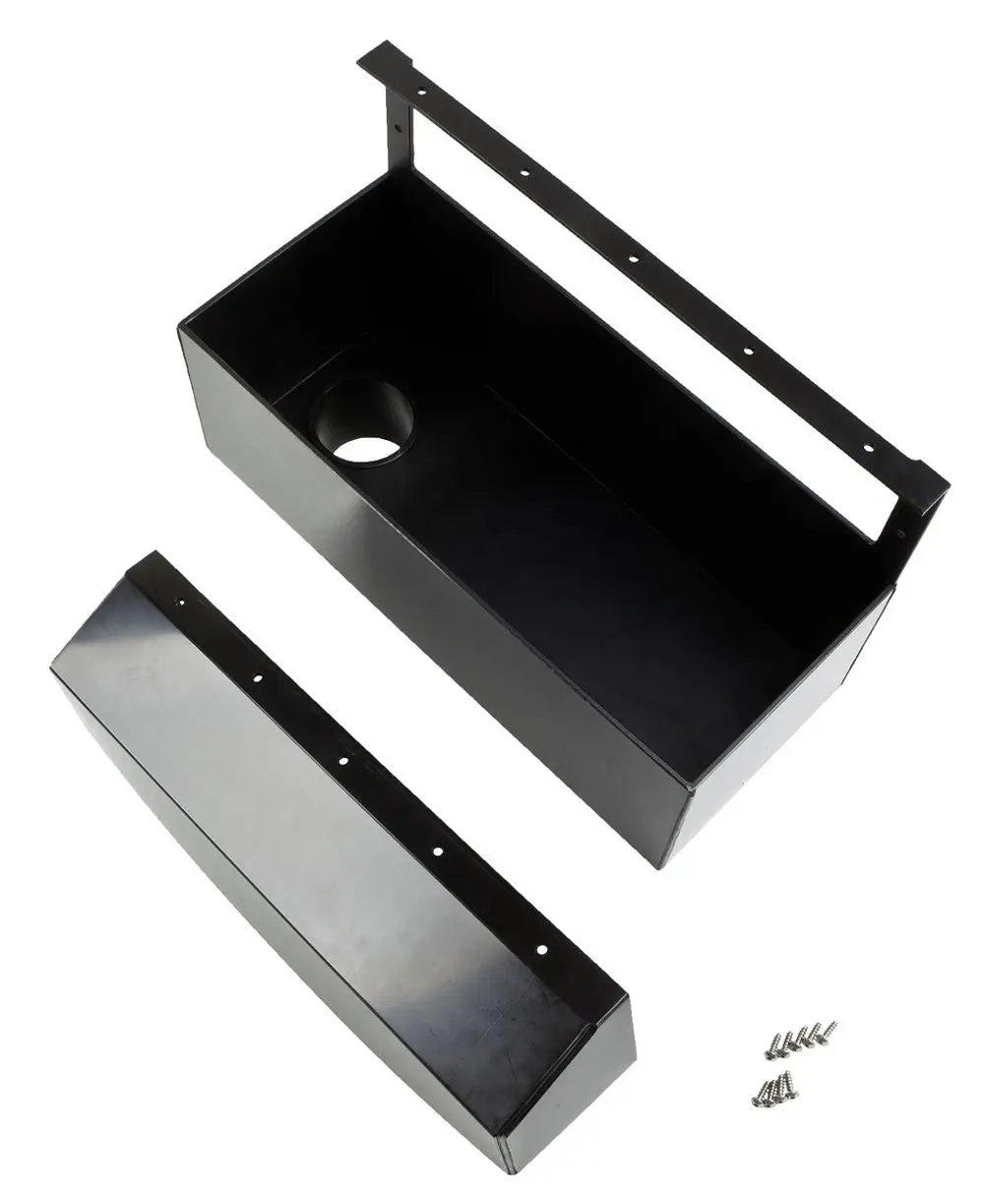 Schwarze Überlaufbox aus Metall mit einem Loch auf der Oberseite. Enthalten sind Nägel zum Befestigen. Produkt von Wilo.