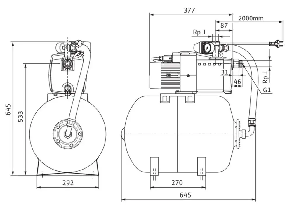 Hochdruck-Kreiselpumpe von Wilo, dargestellt in technischer Zeichnung. Seitenansicht und Maße sind klar erkennbar. Anschlussdetails sind sichtbar.