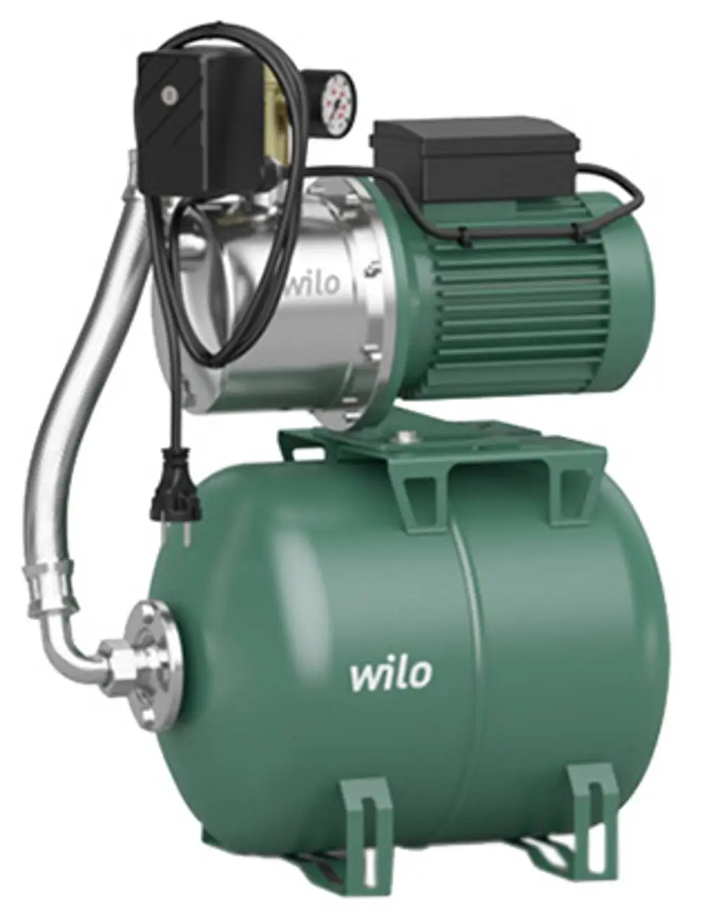 Kreiselpumpe mit integriertem Druckschalter und Druckmanometer, verchromtem Gehäuse und grünem Wassertank von Wilo. Verbindungsschläuche sind sichtbar.