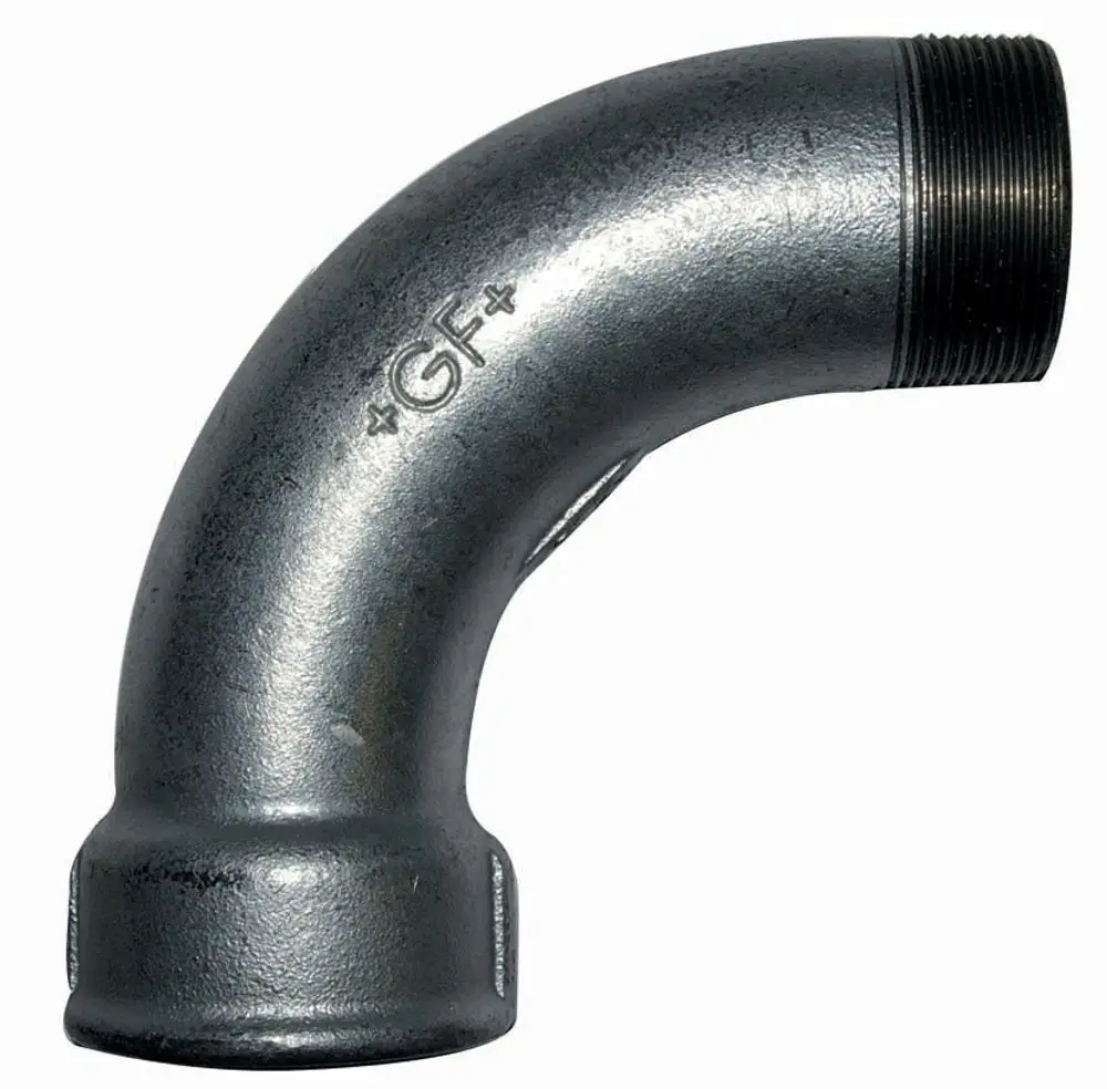 Rohrbogen mit einer 90-Grad-Biegung und Gewinden für eine Verbindung. Hergestellt aus Metall, geeignet für Rohrsysteme, zum Beispiel von Wilo.