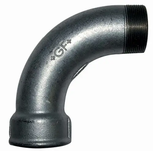 Rohrbogen mit einer 90-Grad-Biegung und Gewinden für eine Verbindung. Hergestellt aus Metall, geeignet für Rohrsysteme, zum Beispiel von Wilo.