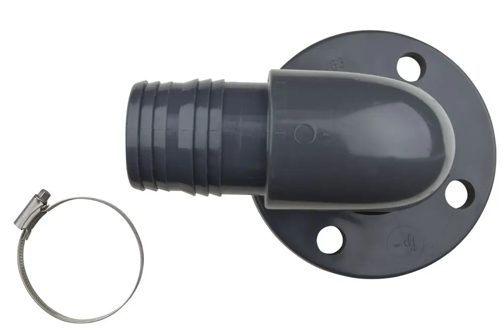 Grauer PVC-Rohrbogen mit Schlauchdirektanschluss und Montageplatte. Zur Verwendung in Rohrsystemen, möglicherweise von der Marke Wilo.