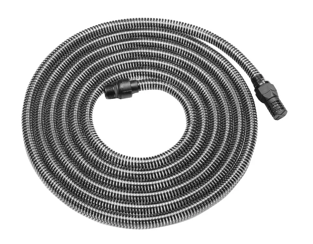 Saugschlauch mit spiralförmigem Design und schwarzen Verbindungsteilen, geeignet für den Einsatz mit Wilo-Produkten. Gezeigt ist die Schlauchwicklung.