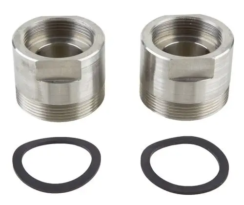 Zwei Edelstahl-Übergangsstücke mit G1 1/2" Innengewinde und G2" Außengewinde, begleitet von zwei Dichtungsringen. Wilo-Produkt für Rohrverbindungen.