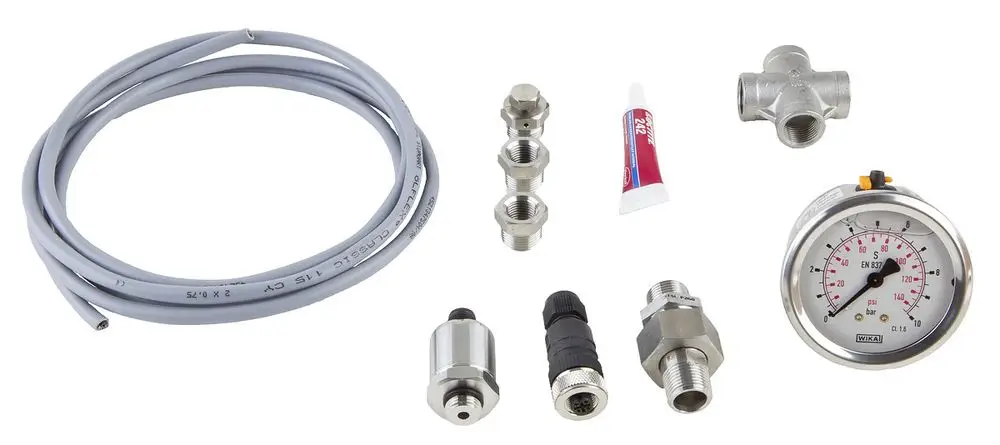 Drucksensor von Wilo mit Manometer, Anschlussfittings, Schlauch und Dichtmasse, geeignet für Druckregelungsanwendungen bis 6 bar.