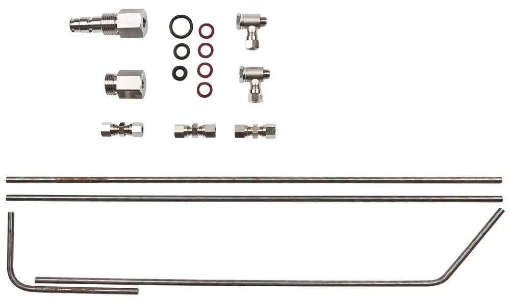 Montagesatz von Wilo mit verschiedenen Metallfittings, Rohren und Dichtungen, geeignet für Installationen in Rohrleitungssystemen.