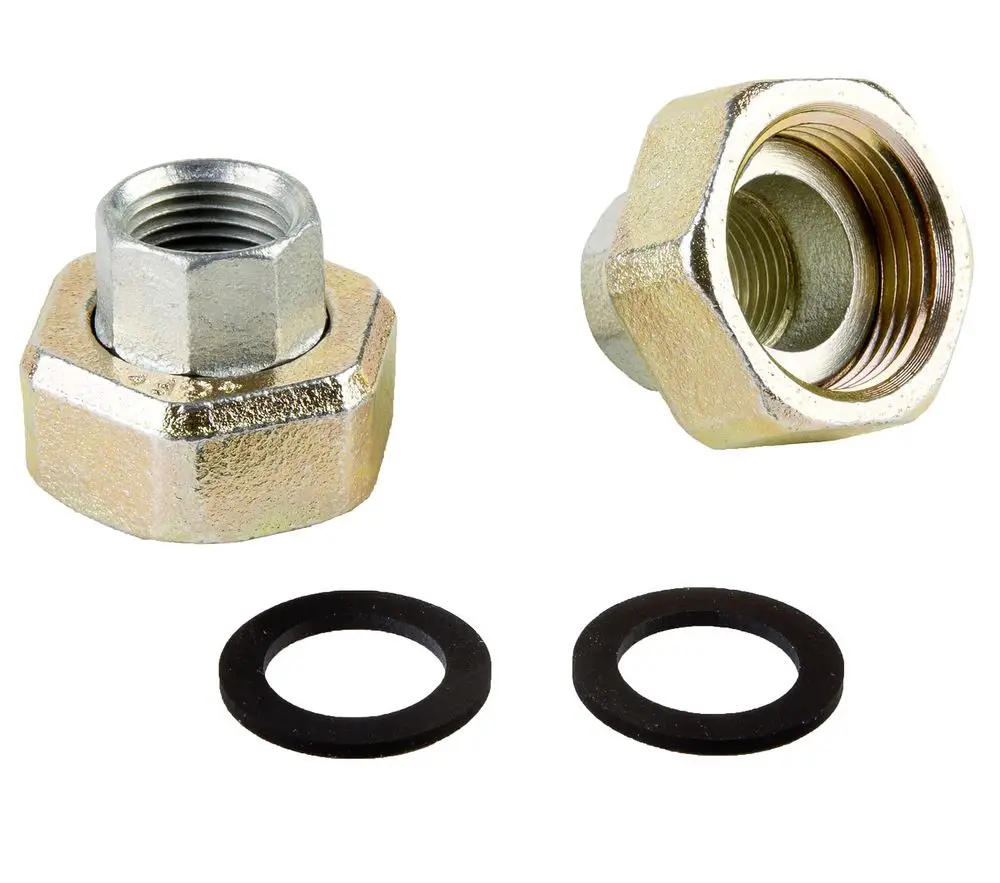 Verschraubungen von Wilo mit zwei Dichtungen, die für die Verbindung von Rohren oder Geräten verwendet werden. Beide Teile sind metallisch und haben eine sechseckige Form.